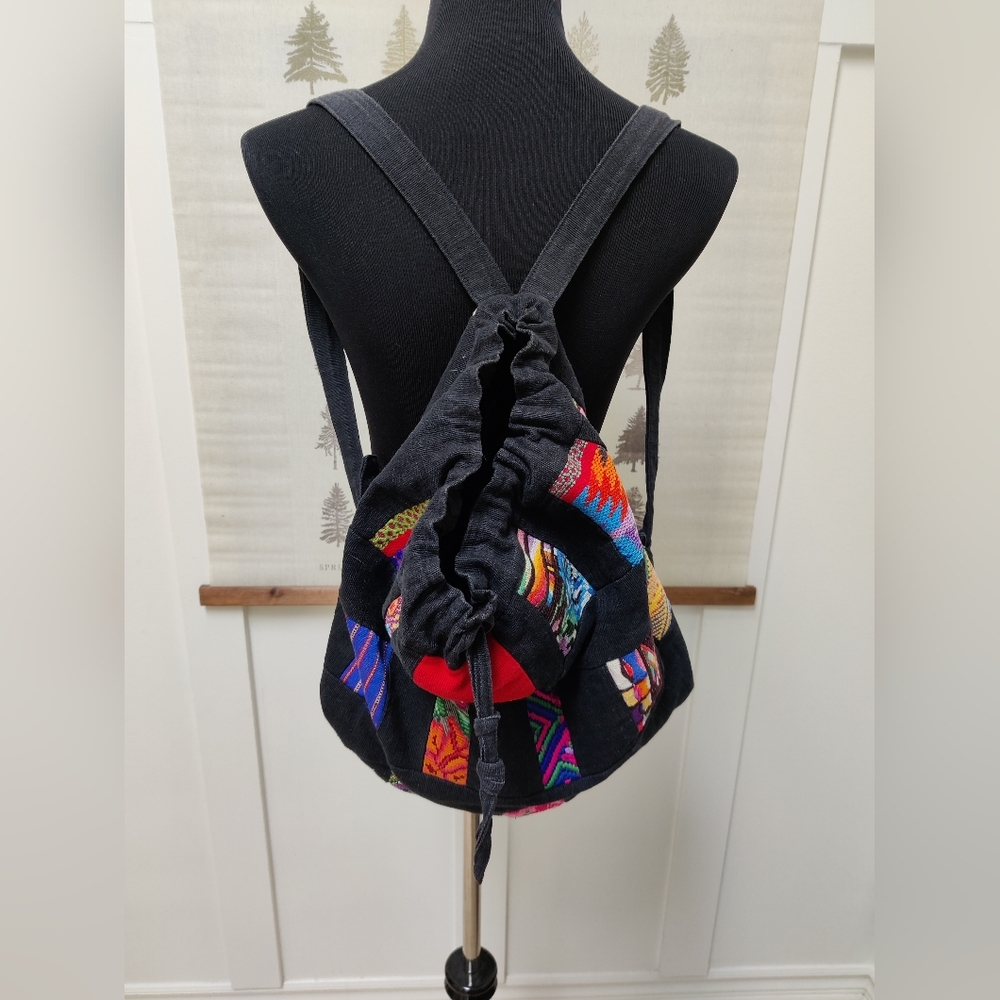 Handmade Boho Patchwork Backpack – Black with Colorful Woven Accents